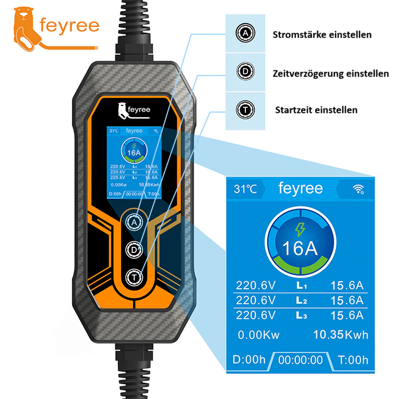 Mobile Wallbox 11kW Feyree 16A 5m Typ 2 für E- und Hybridautos mit App Steuerung
