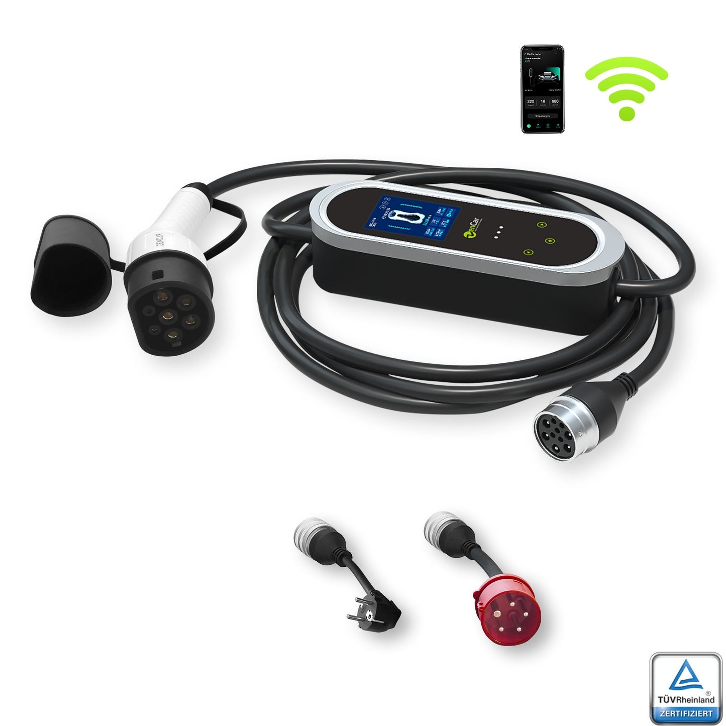 Mobile Wallbox 11kW mit App-Funktion, Typ-2-Ladekabel, verschiedenen Adaptern und TÜV-Zertifizierung – kompaktes, tragbares Ladegerät für Elektroautos.