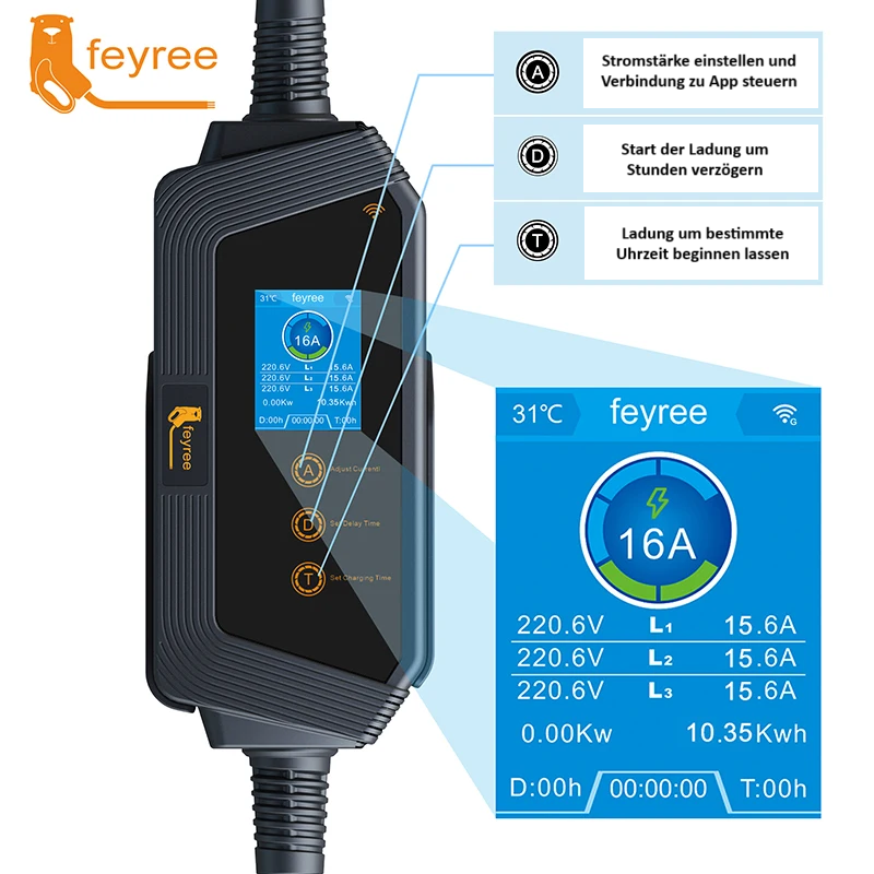 *NEU* W-Lan/Bluetooth FEYREE Starkstrom Schnellladekabel mobile Wallbox Ladestation 11kW 16A CEE zu Typ 2 5m