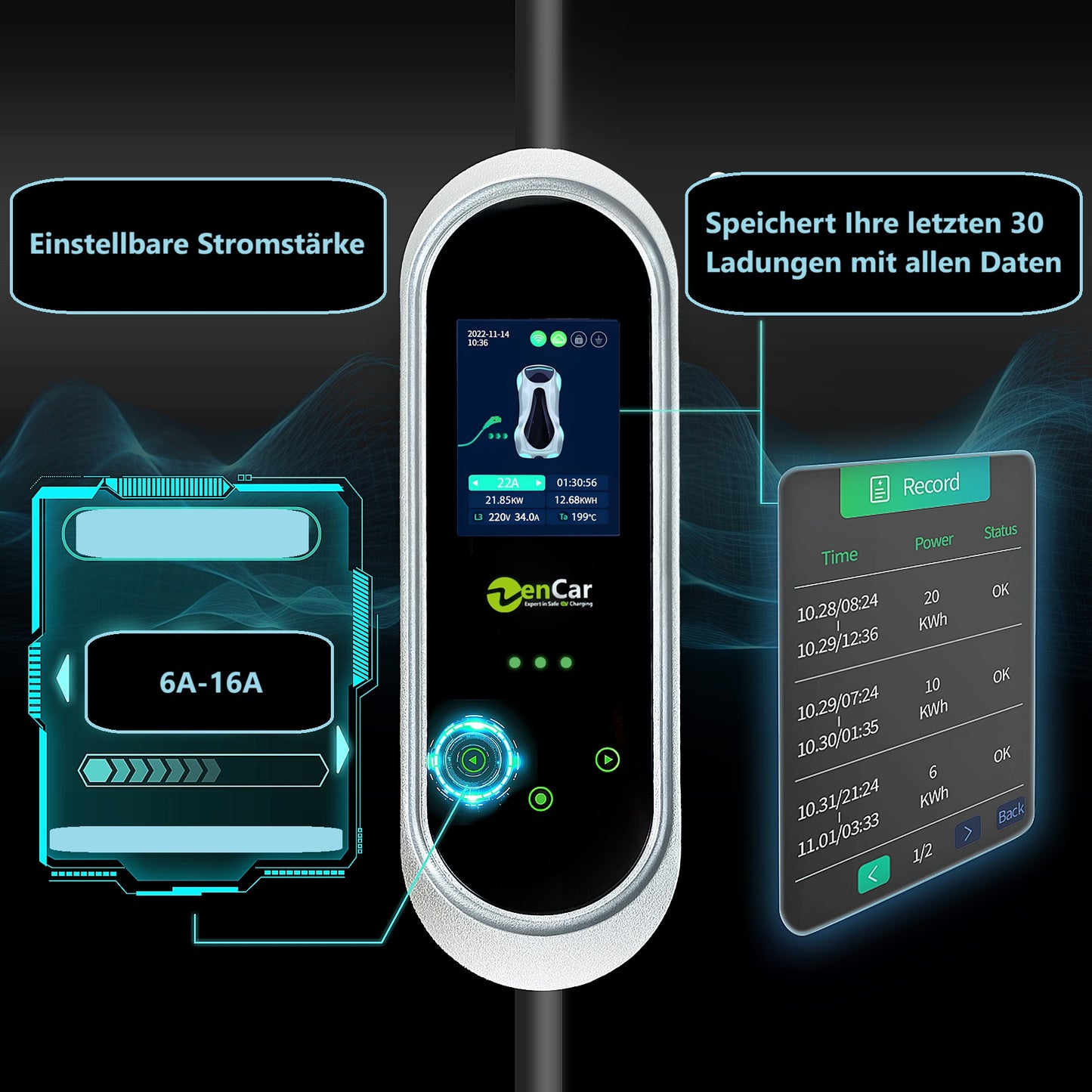 Mobile Wallbox ZenCar PRO W-Lan/Bluetooth 11kW 16A CEE zu Typ 2 5m Starkstrom Schnellladekabel/Mobile Ladestation