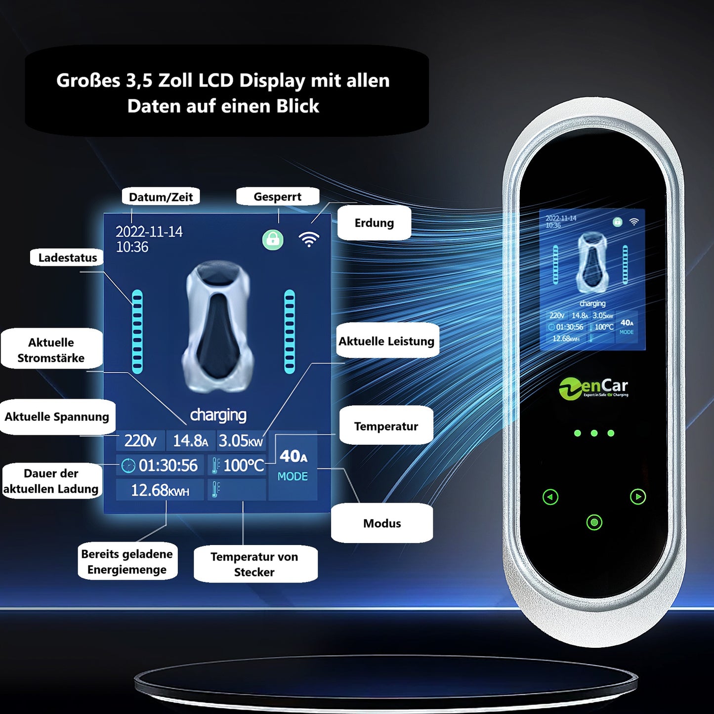 Mobile Wallbox ZenCar PRO W-Lan/Bluetooth 11kW 16A CEE zu Typ 2 5m Starkstrom Schnellladekabel/Mobile Ladestation