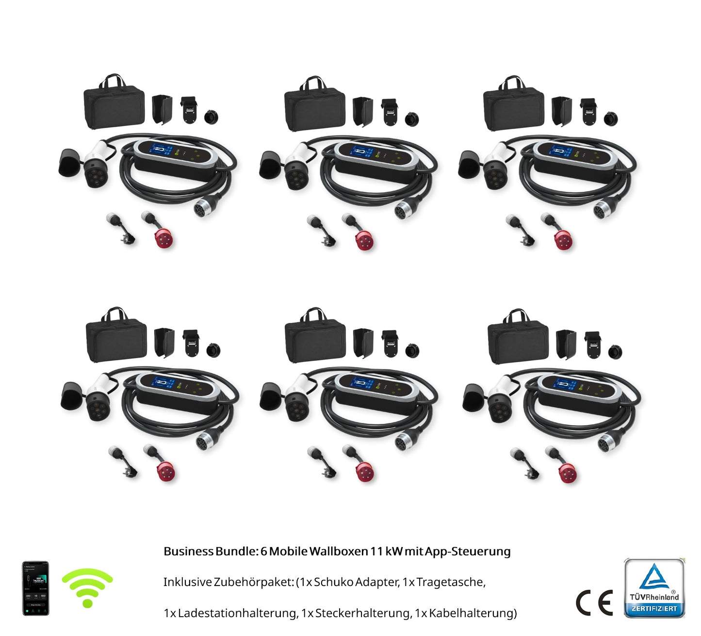 Business Bundle: 6x Mobile Wallbox 11 kW Typ 2 PRO mit App – Komplettset inkl. Adapter & Wandhalterung - Ladeshop