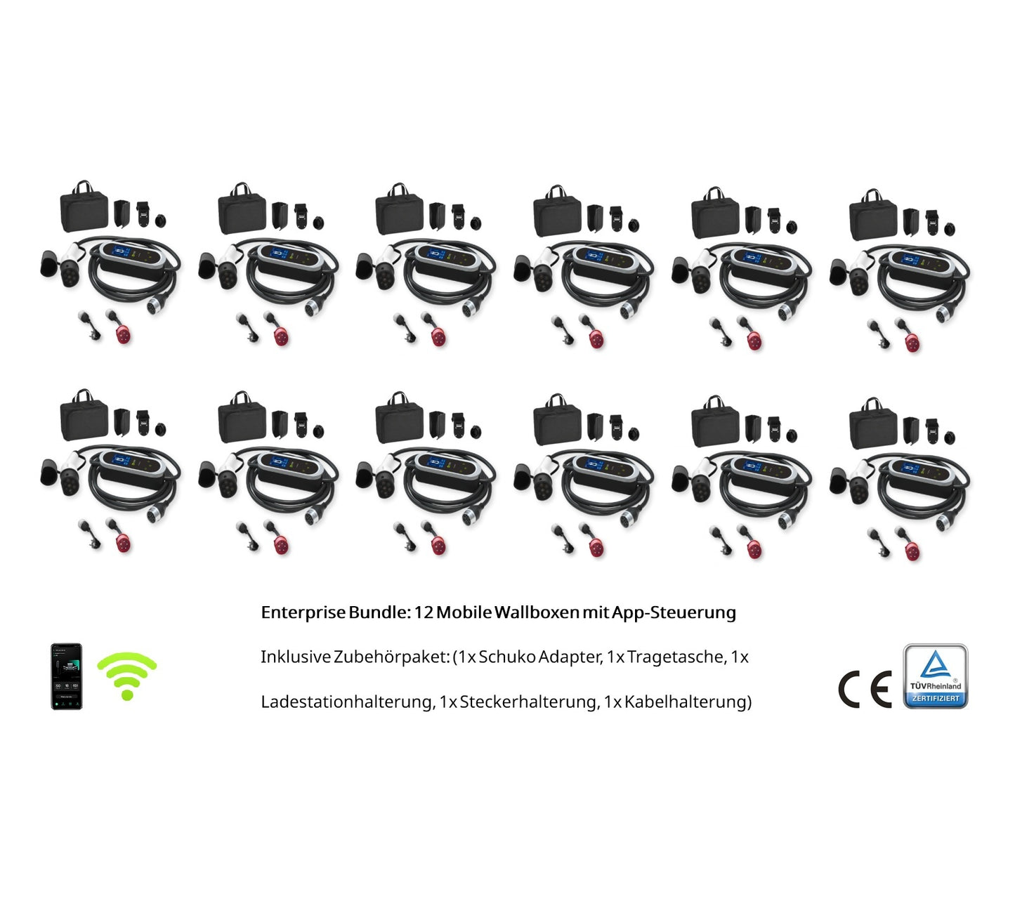 Enterprise Bundle: 12x Mobile Wallbox 11 kW Typ 2 PRO mit App – Komplettset inkl. Adapter & Wandhalterung - Ladeshop