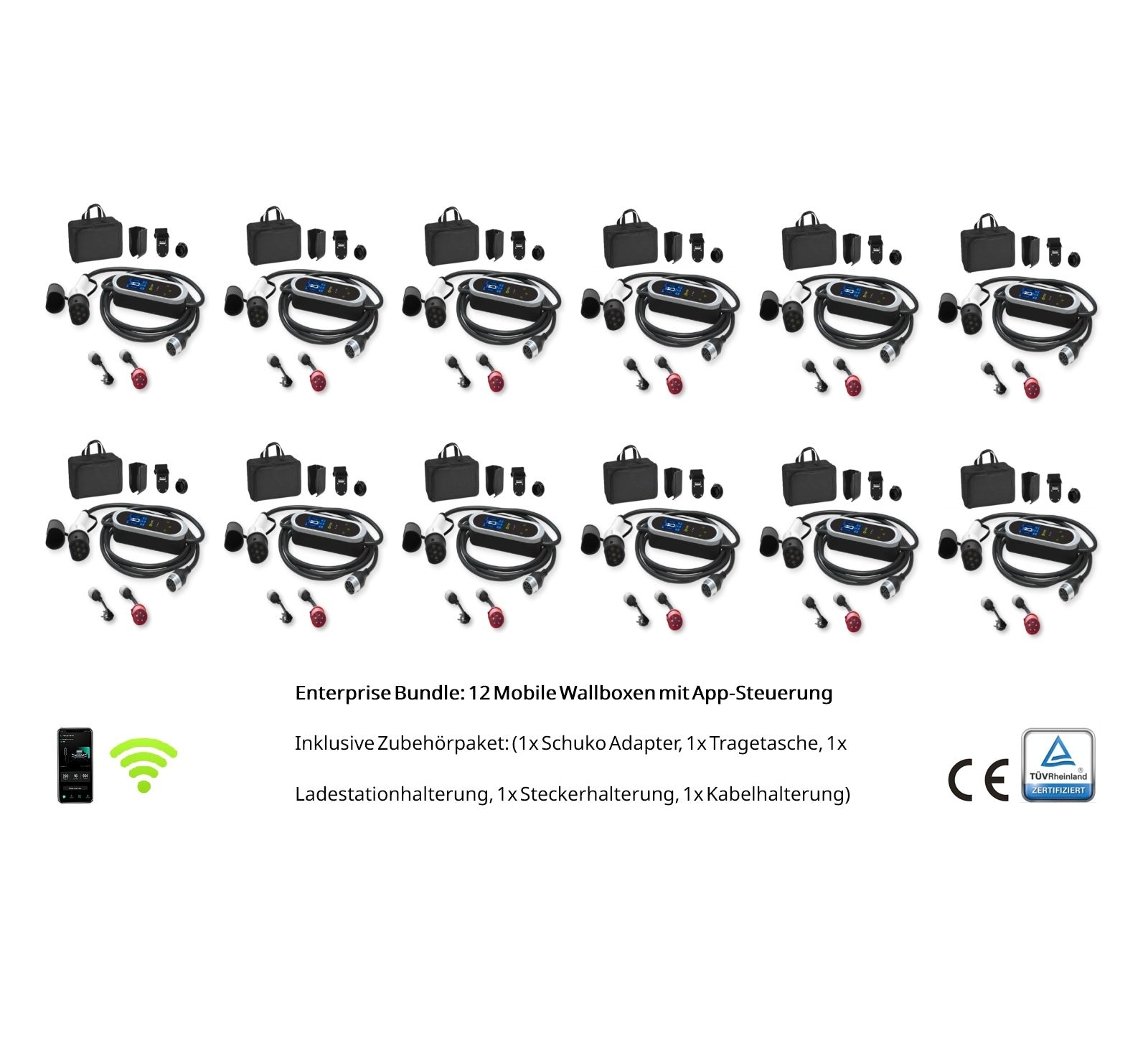 Enterprise Bundle: 12x Mobile Wallbox 11 kW Typ 2 PRO mit App – Komplettset inkl. Adapter & Wandhalterung - Ladeshop