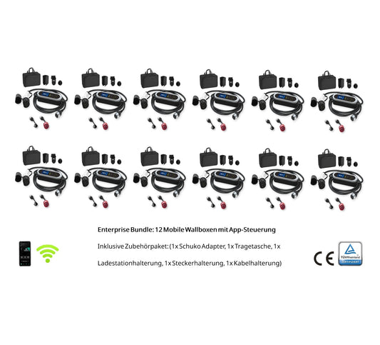 Enterprise Bundle: 12x Mobile Wallbox 11 kW Typ 2 PRO mit App – Komplettset inkl. Adapter & Wandhalterung - Ladeshop