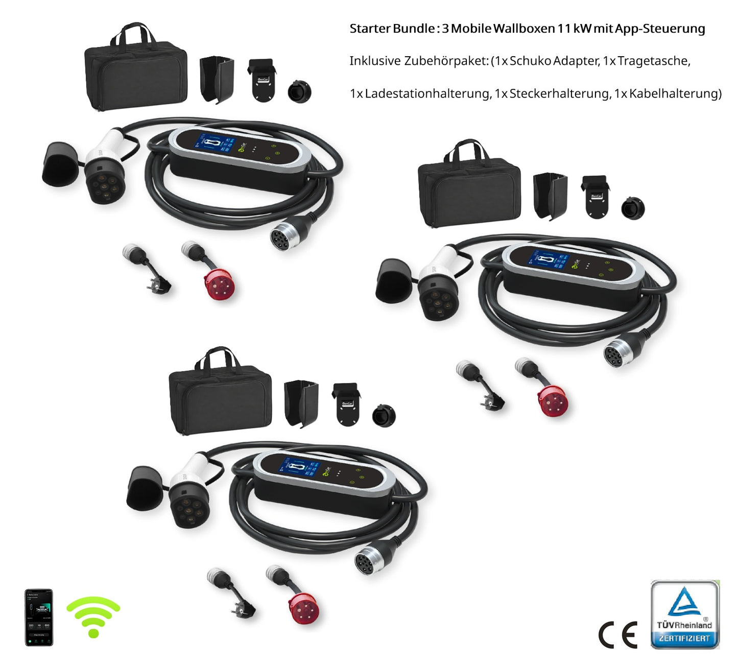 Starter Bundle: 3x Mobile Wallbox 11 kW Typ 2 PRO mit App – Komplettset inkl. Adapter & Wandhalterung - Ladeshop