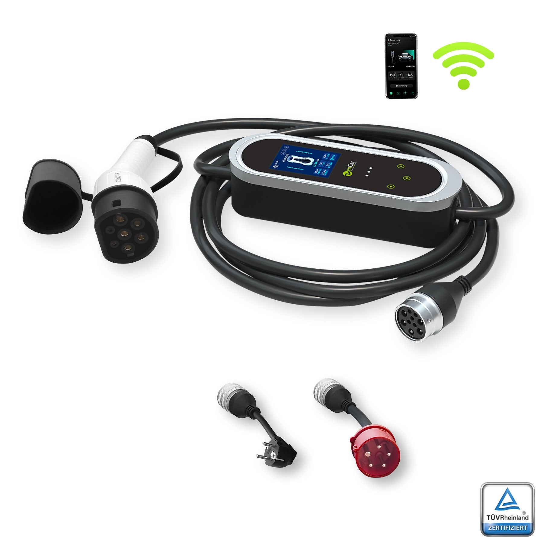 Mobile Wallbox 11kW mit App-Funktion, Typ-2-Ladekabel, verschiedenen Adaptern und TÜV-Zertifizierung – kompaktes, tragbares Ladegerät für Elektroautos.