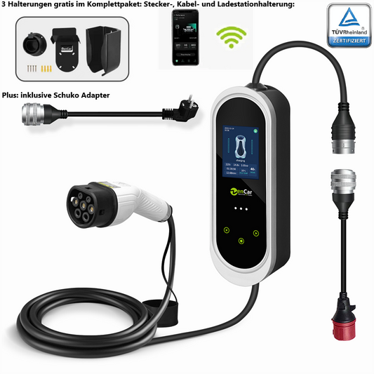 Mobile Wallbox 11kW mit App-Steuerung, Typ-2-Ladekabel, Schuko-Adapter, CEE-Adapter sowie 3 kostenlosen Halterungen für Stecker, Kabel und Ladestation; TÜV-zertifiziert.