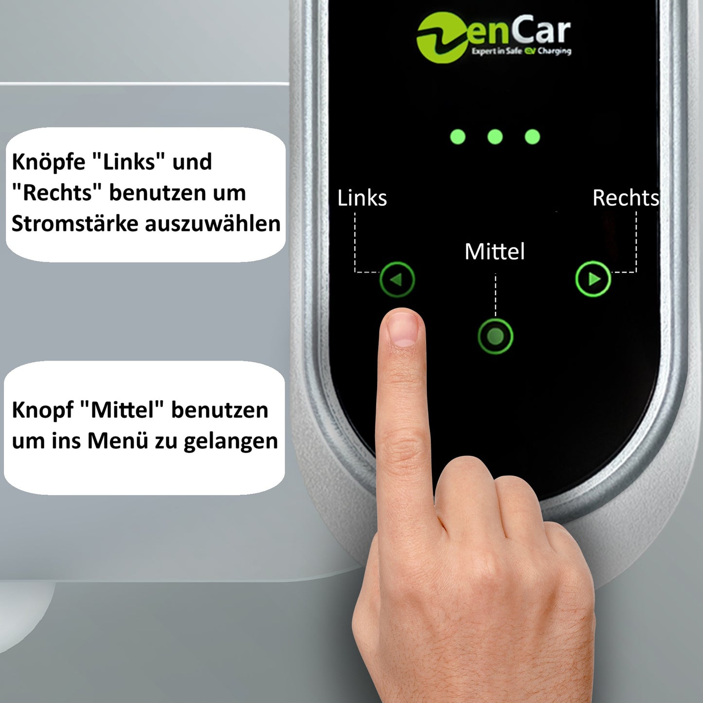 Bedienung der mobilen Wallbox 11kW über die Tasten Links und Rechts zur Auswahl der Stromstärke sowie die Mitteltaste zum Öffnen des Menüs.