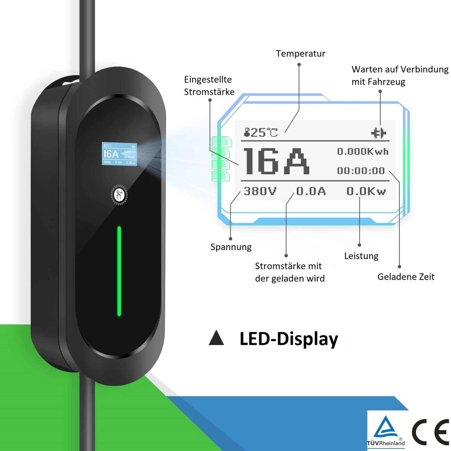 LED-Display der mobilen Wallbox mit Anzeige von eingestellter Stromstärke, Ladeleistung, Ladestromstärke, Spannung, geladene Energiemenge, geladene Zeit und Temperatur.