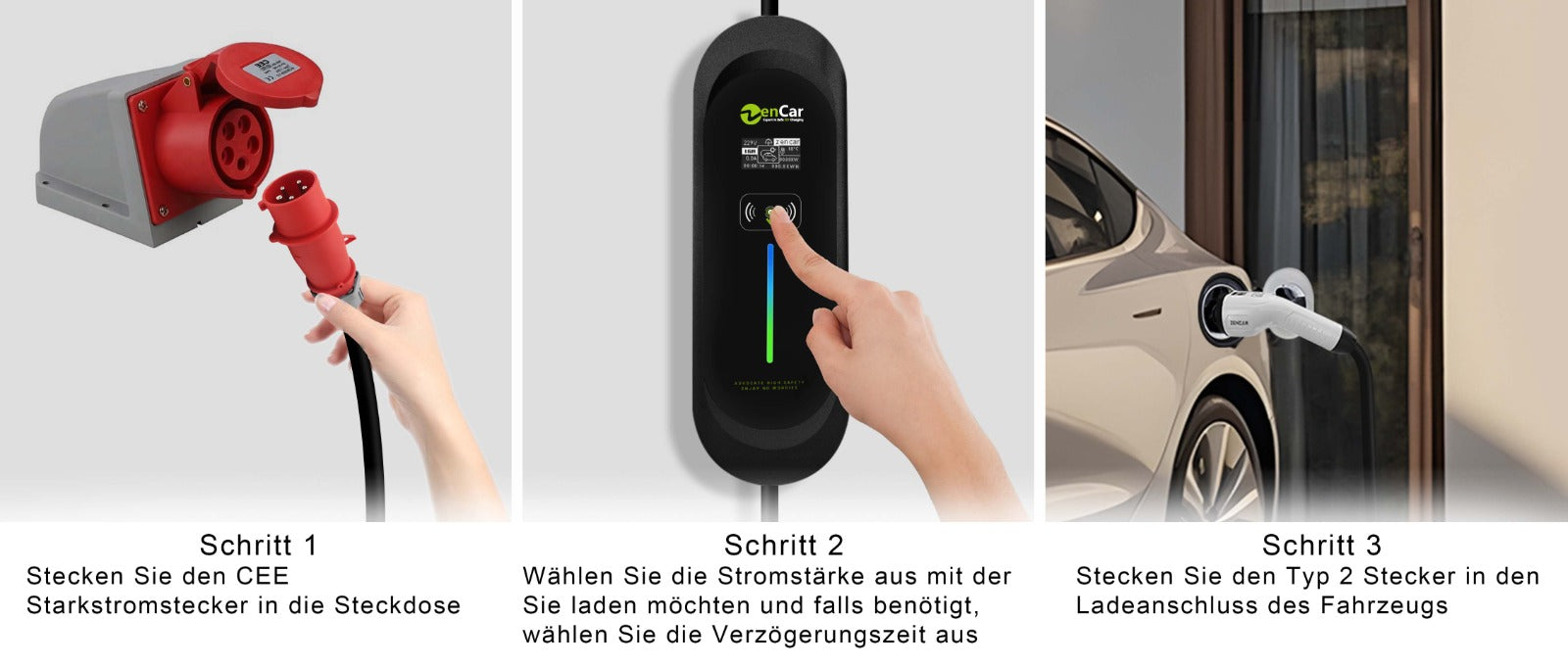Anleitung in 3 Schritten: CEE-Stecker einstecken, Stromstärke an der mobilen Wallbox auswählen und Typ-2-Stecker mit dem Elektroauto verbinden.