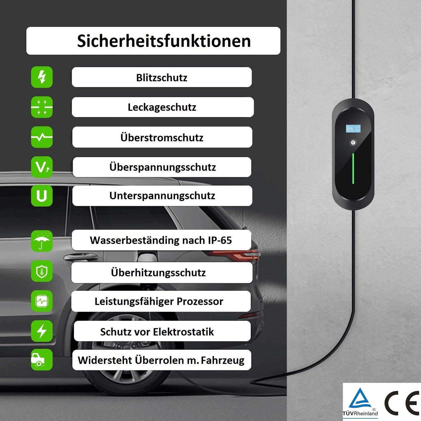 Mobile Wallbox 11kW mit umfassenden Sicherheitsfunktionen wie Blitzschutz, Leckageschutz, Überstromschutz, Über- und Unterspannungsschutz, IP65-Wasserbeständigkeit, Überhitzungsschutz und Schutz vor Elektrostatik.