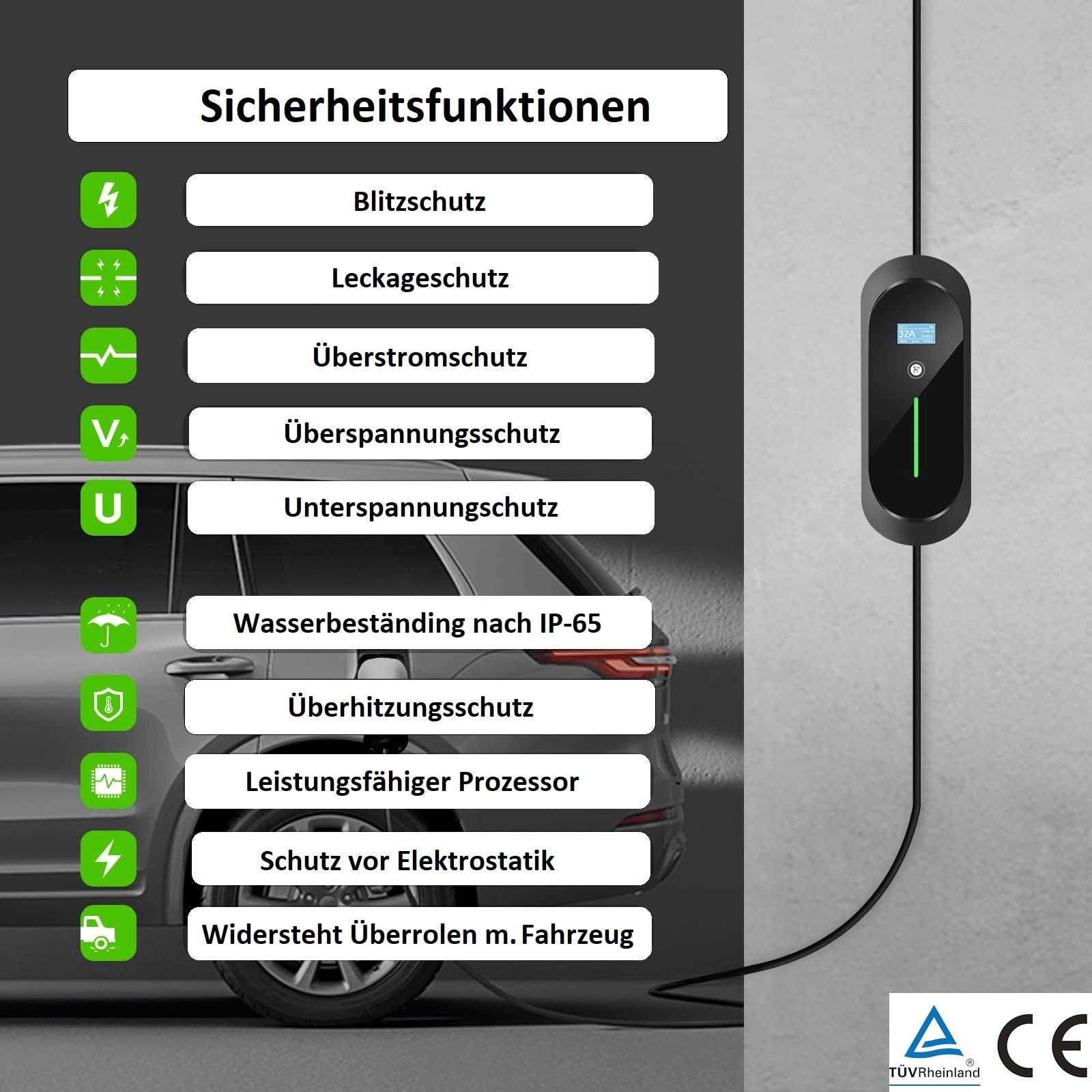Mobile Wallbox 11kW mit umfassenden Sicherheitsfunktionen wie Blitzschutz, Leckageschutz, Überstromschutz, Über- und Unterspannungsschutz, IP65-Wasserbeständigkeit, Überhitzungsschutz und Schutz vor Elektrostatik.