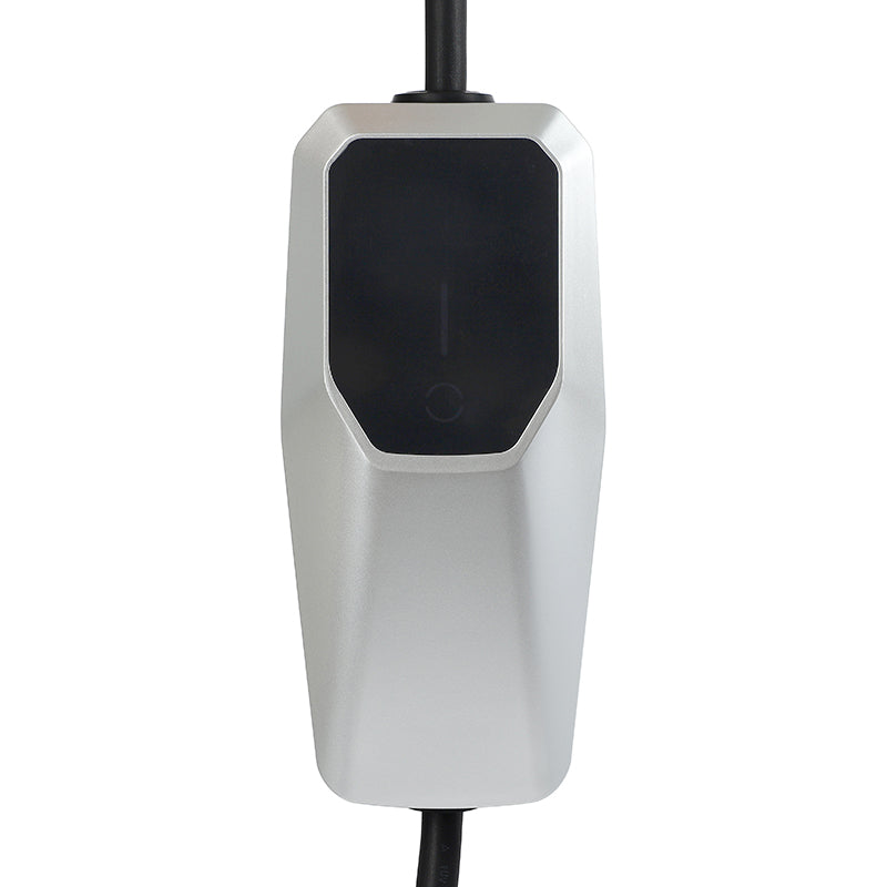 Mobile Wallbox 11kW in Silber in der frontalen Ansicht mit kompaktem, robustem Gehäusedesign.