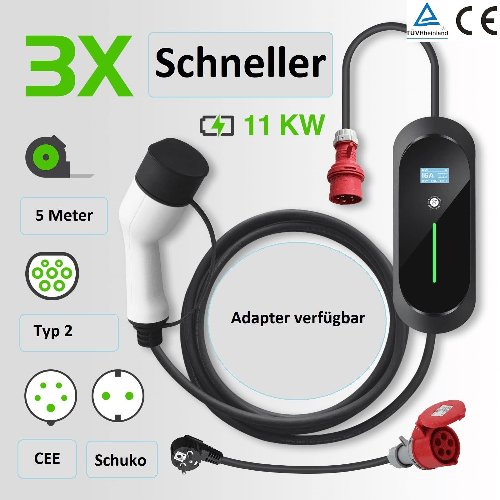 Mobile Wallbox 11kW – 3× schneller laden, mit 5-7,5-10-Meter-Kabel, Typ-2 Stecker, CEE-Stecker und optionalem Schuko-Adapter; TÜV-geprüfter Stecker des Ladegerätes für Elektroautos.