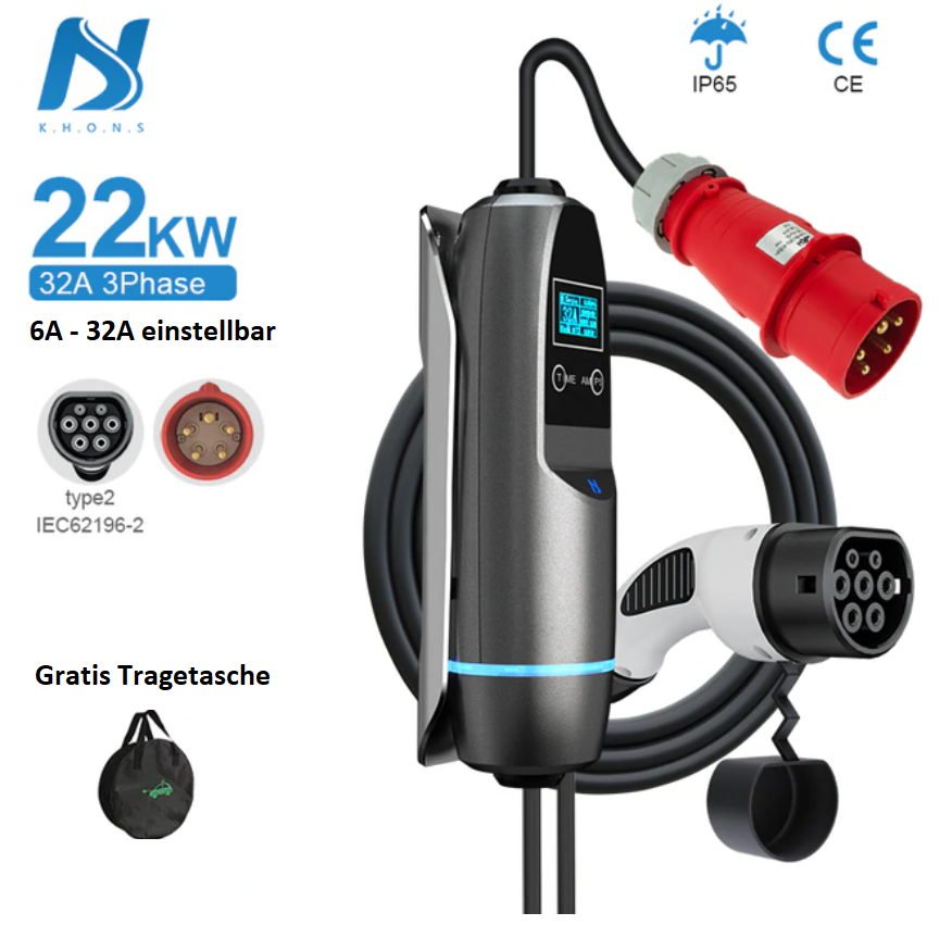 Mobile Wallbox 22 kW mit 32A 3-Phasen-Ladung, Type-2-Stecker, rotem CEE-Stecker, IP65 Schutz und kostenloser Tragetasche.