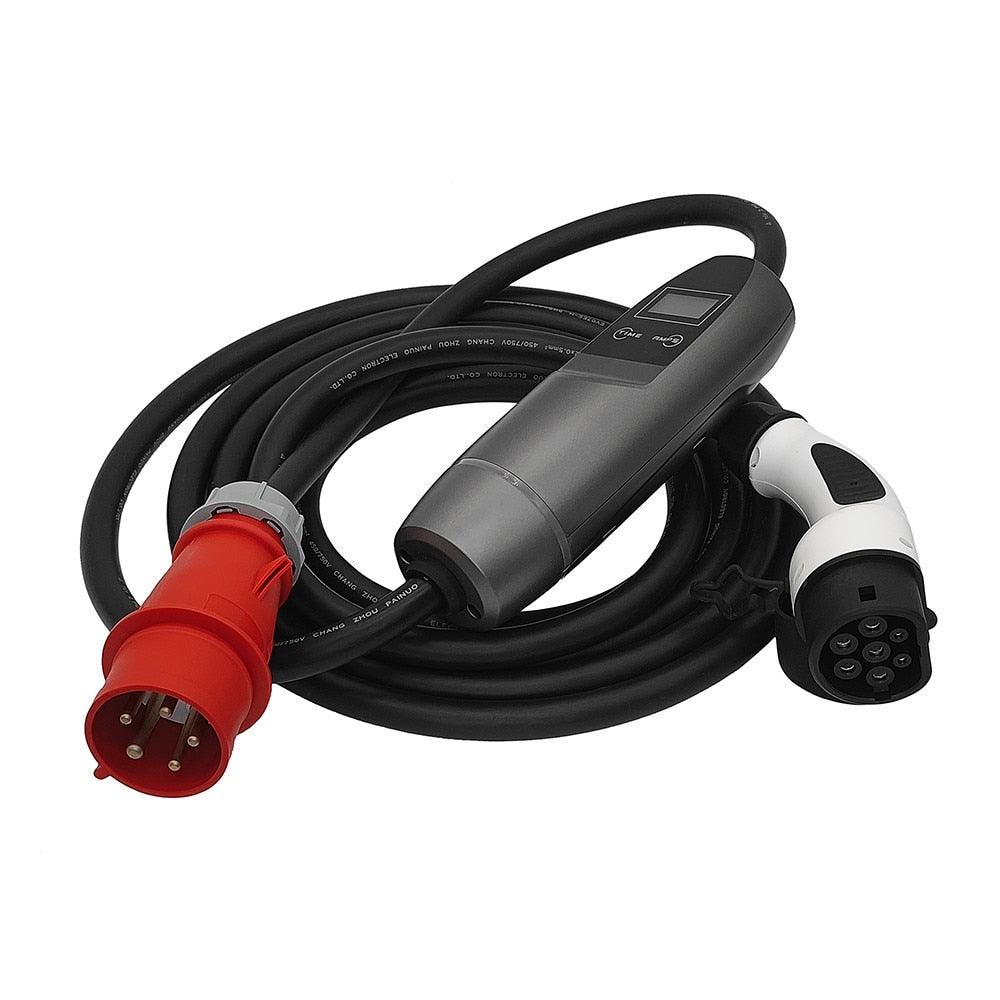 22 kW Wallbox mit 32A, rotem CEE-Stecker und Type-2-Ladekabel, kompaktes 3-Phasen-Schnellladegerät.