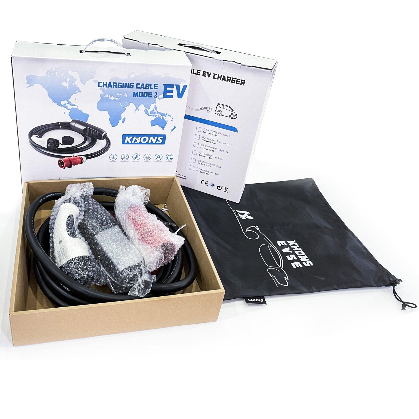 Wallbox 22 kW – vollständiger Lieferumfang mit Type-2- und CEE-Zubehör, Originalverpackung und Tragetasche.